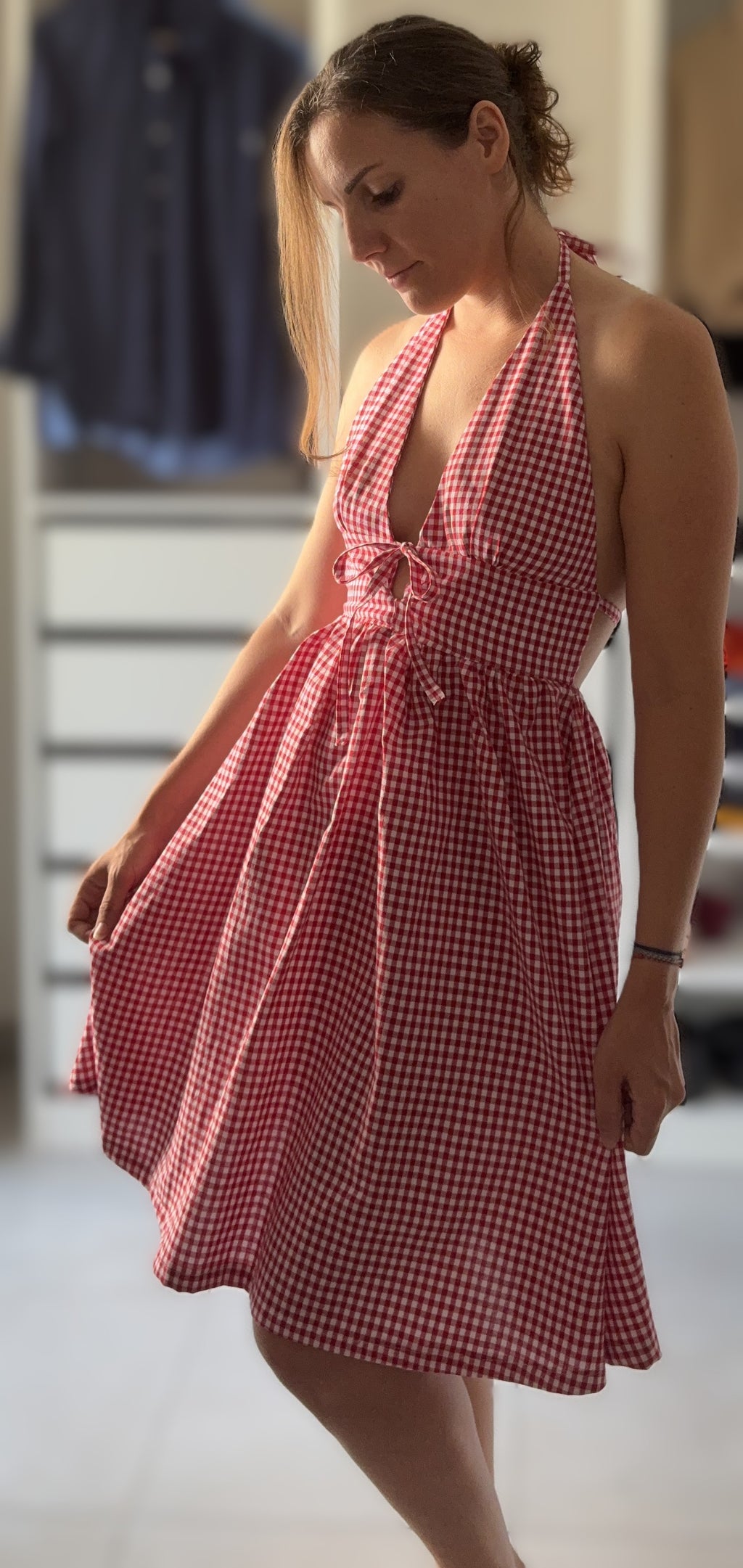 ROBE DOS NU ELASTIQUE VICHY ROUGE
