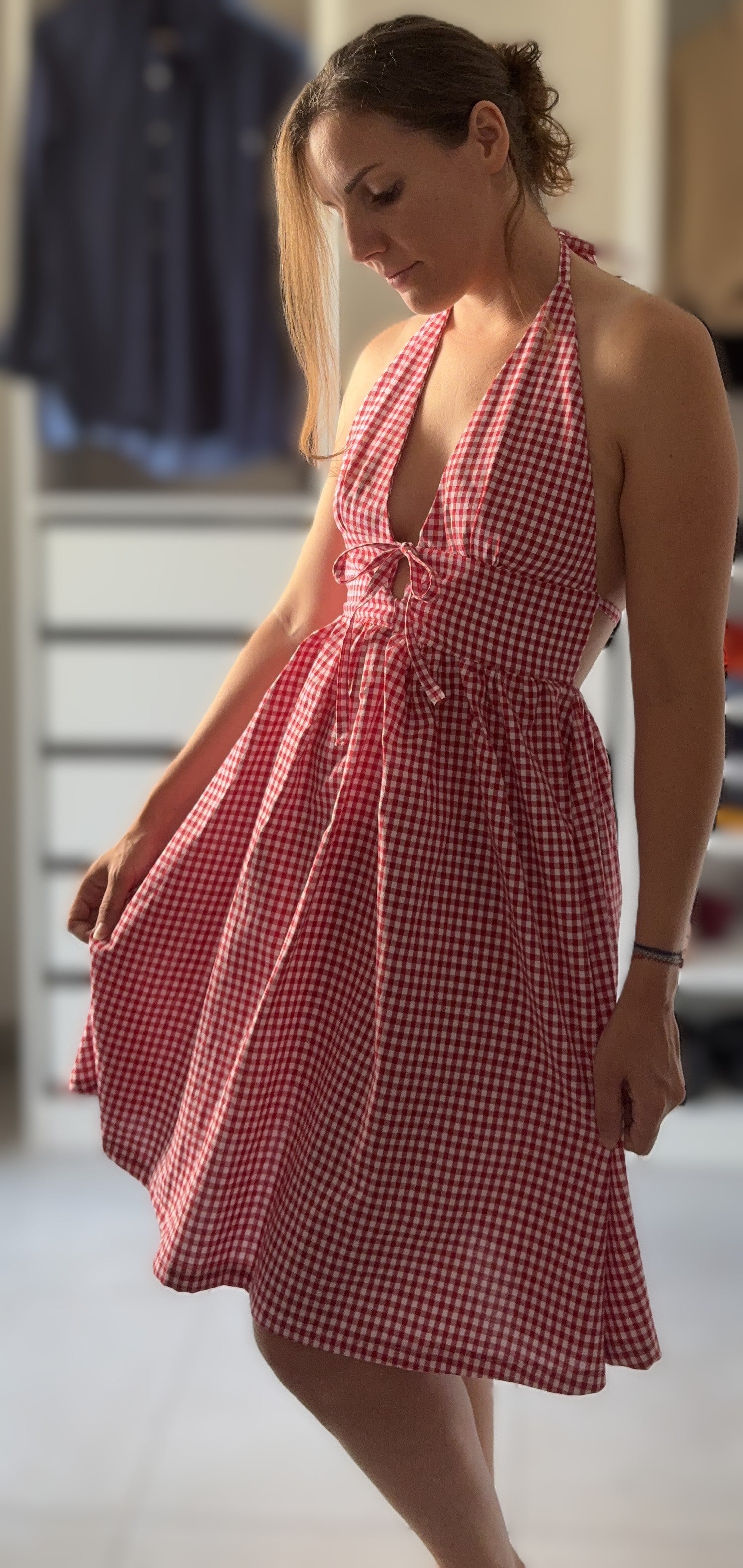 ROBE DOS NU ELASTIQUE VICHY ROUGE