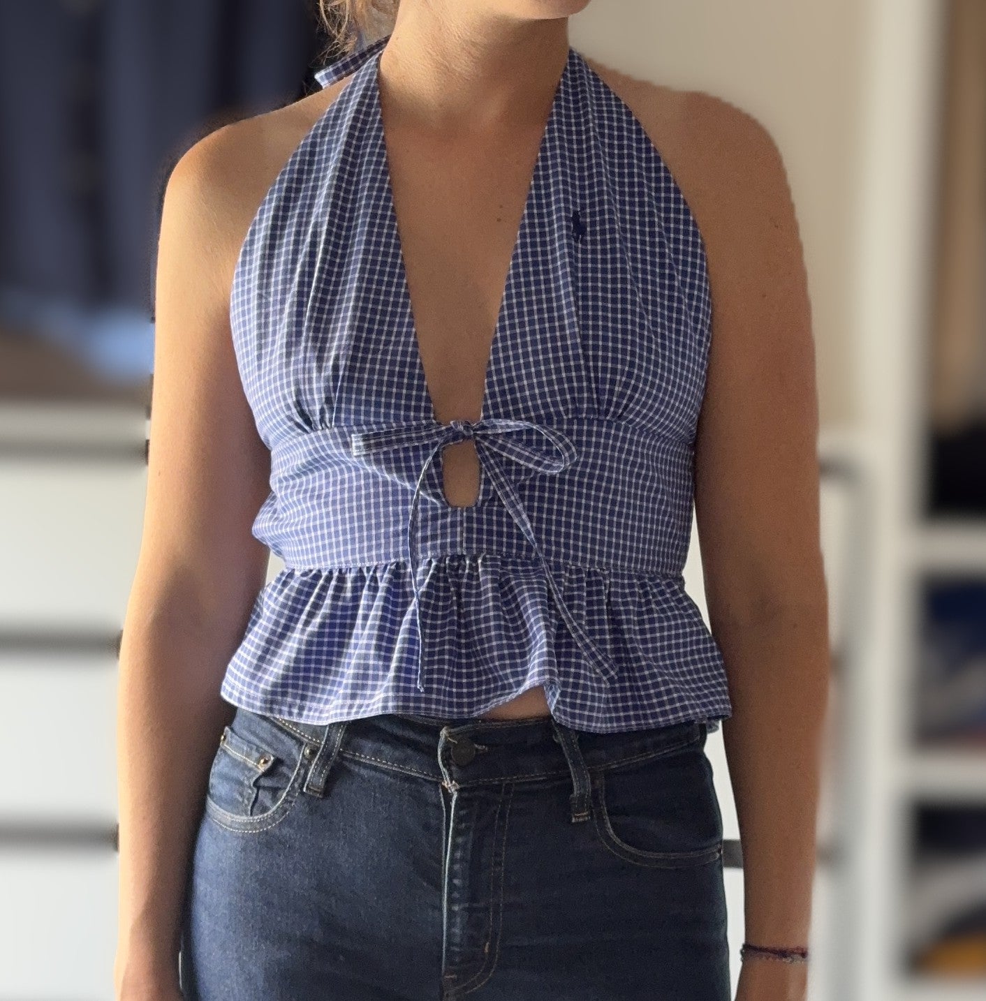 TOP DOS NU ELASTIQUE UPCYCLE VICHY BLEU - TAILLE S