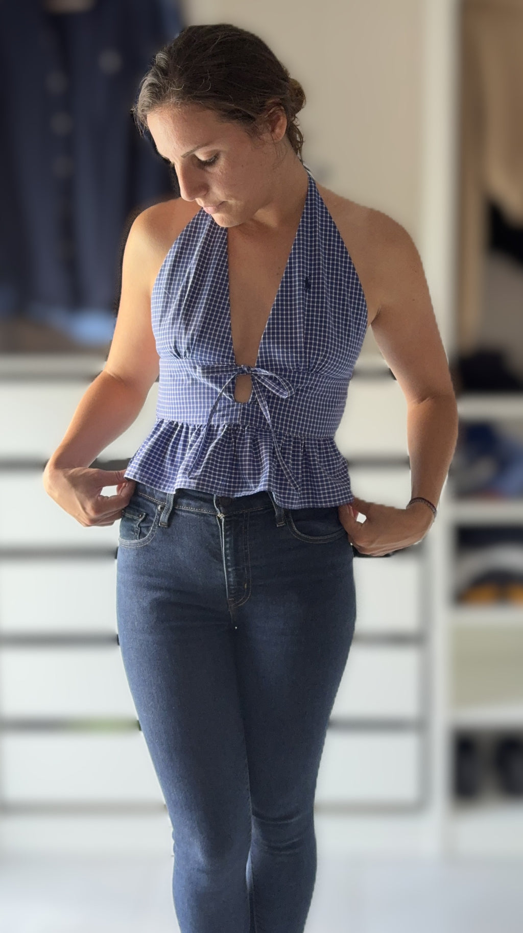 TOP DOS NU ELASTIQUE UPCYCLE VICHY BLEU - TAILLE S