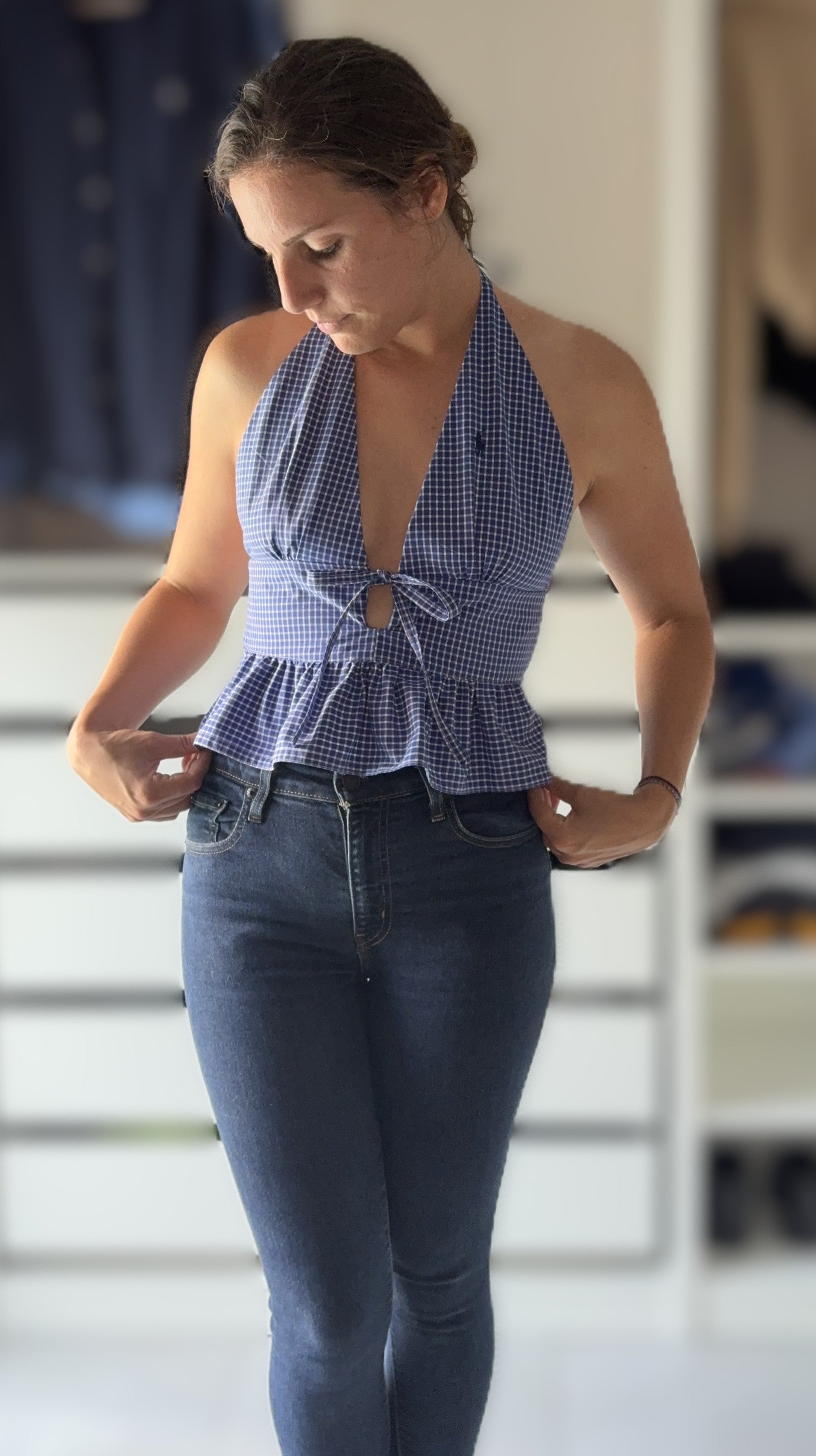 TOP DOS NU ELASTIQUE UPCYCLE VICHY BLEU - TAILLE S
