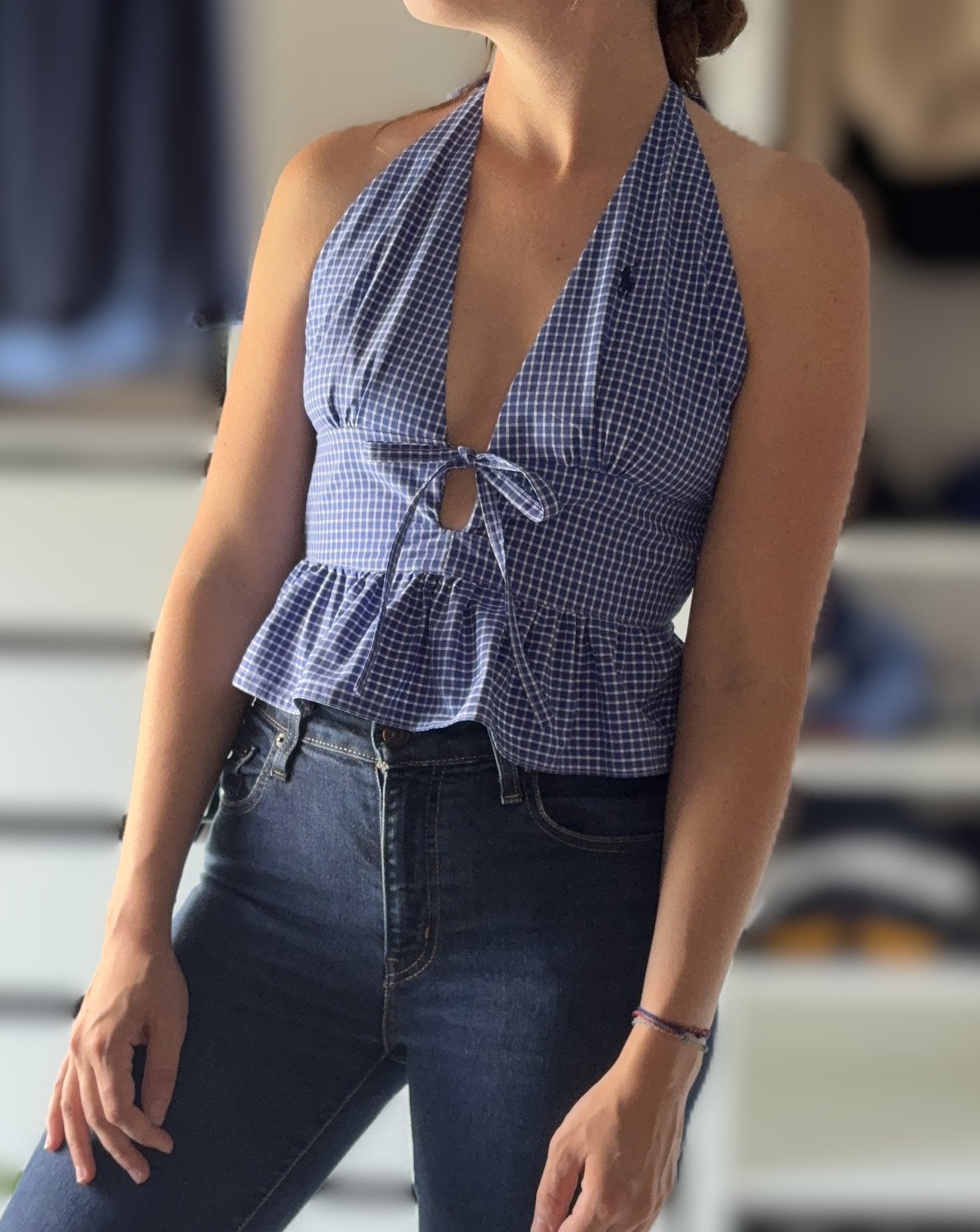 TOP DOS NU ELASTIQUE UPCYCLE VICHY BLEU - TAILLE S