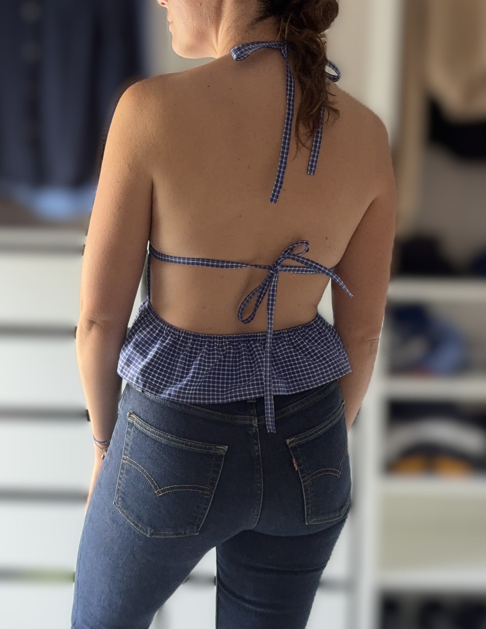TOP DOS NU ELASTIQUE UPCYCLE VICHY BLEU - TAILLE S