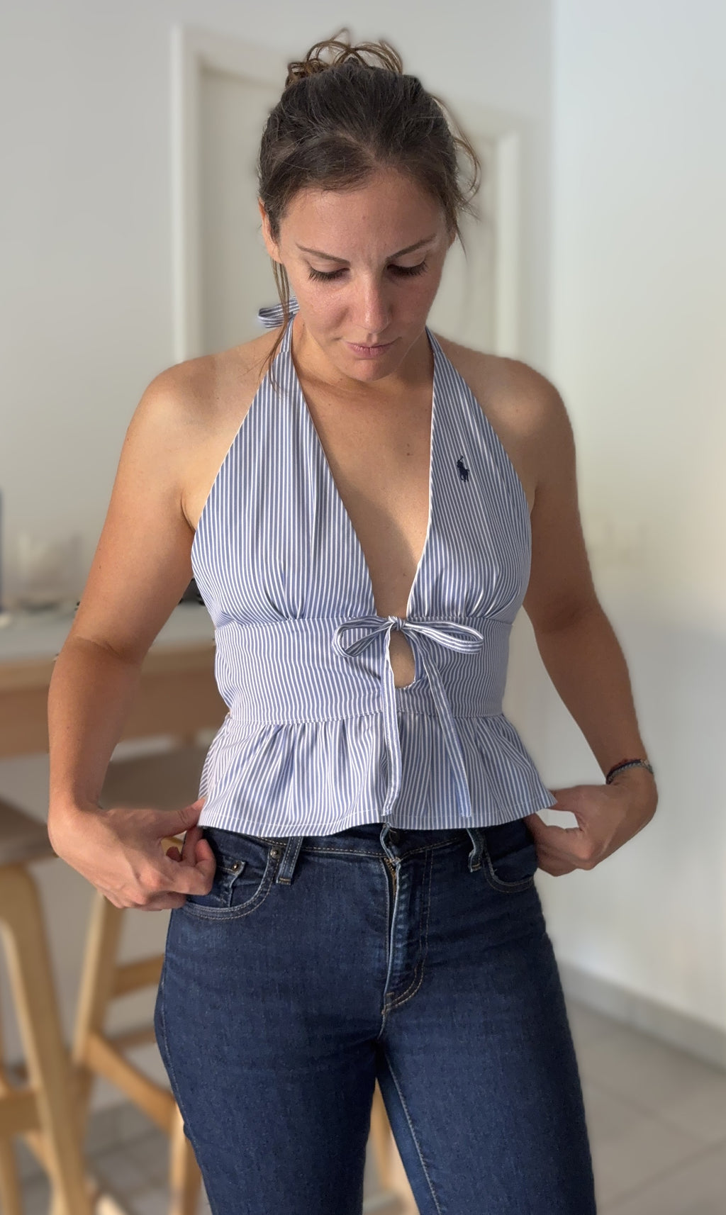 TOP DOS NU ELASTIQUE UPCYCLE RAYE BLEU - TAILLE XS