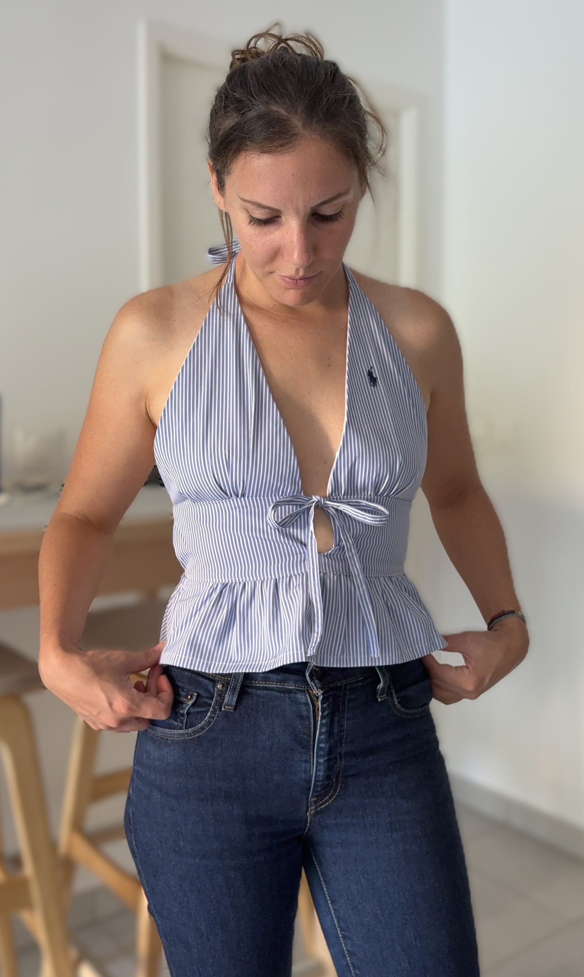 TOP DOS NU ELASTIQUE UPCYCLE RAYE BLEU - TAILLE XS
