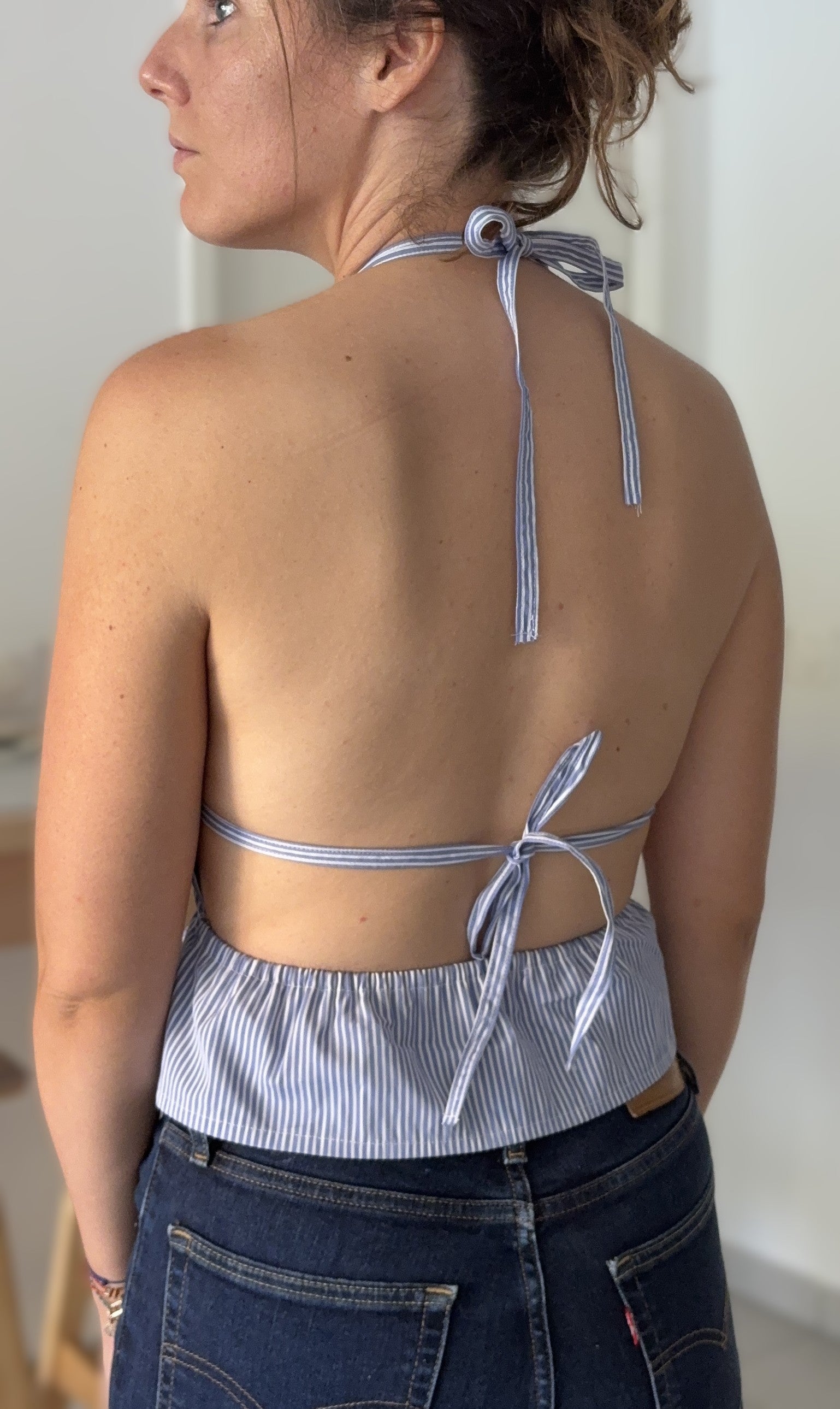 TOP DOS NU ELASTIQUE UPCYCLE RAYE BLEU - TAILLE XS