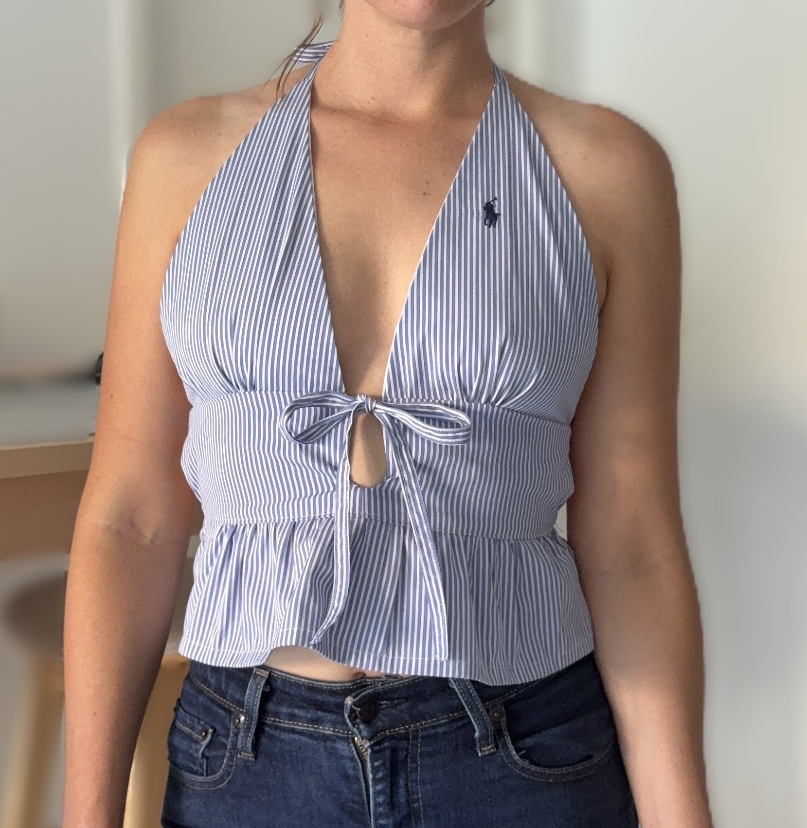 TOP DOS NU ELASTIQUE UPCYCLE RAYE BLEU - TAILLE XS