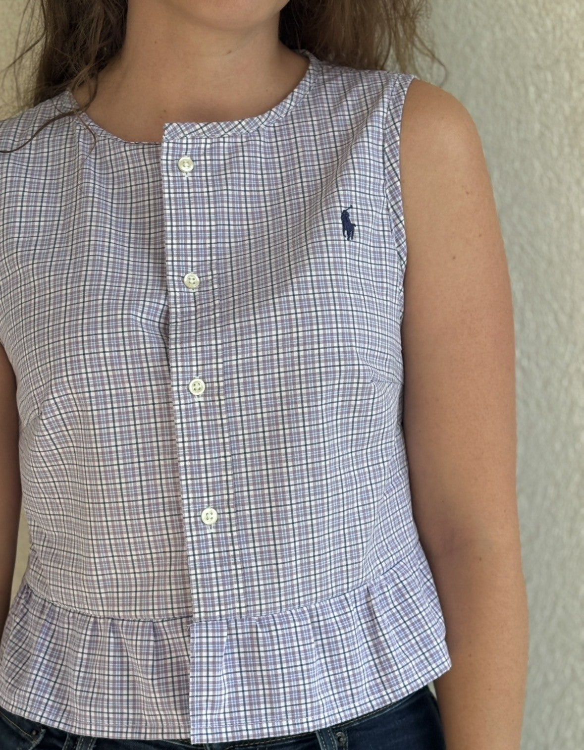 TOP CHEMISE A CARREAUX VIOLETTE UPCYCLEE - TAILLE S