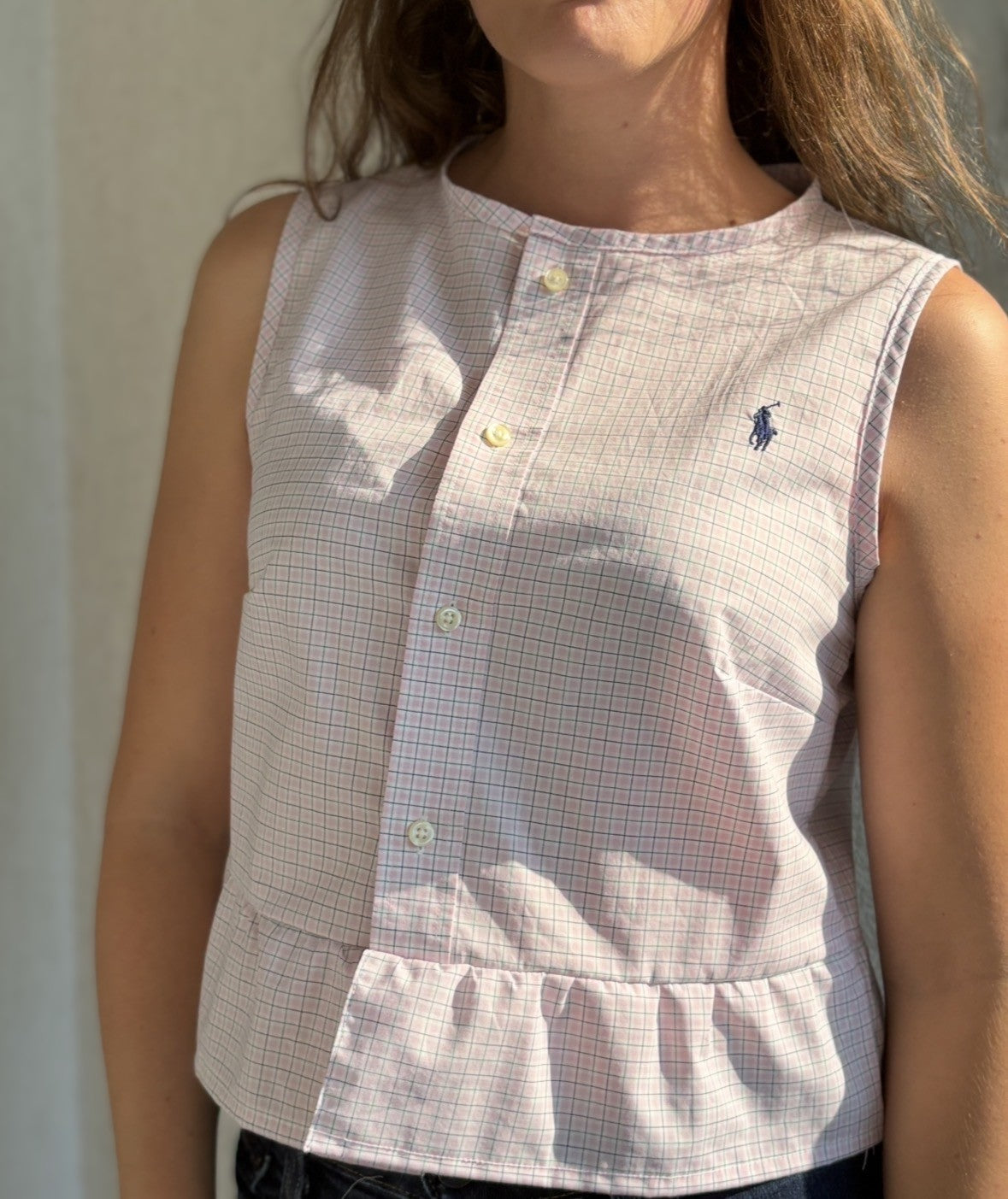 TOP CHEMISE A CARREAUX ROSE UPCYCLEE - TAILLE S