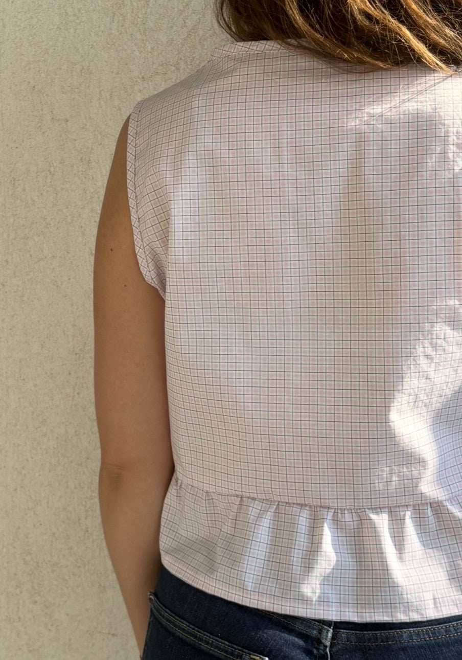 TOP CHEMISE A CARREAUX ROSE UPCYCLEE - TAILLE S